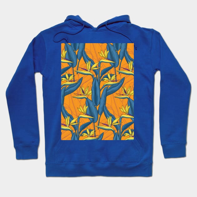 Bird of paradise flowers on orange Hoodie by katerinamk